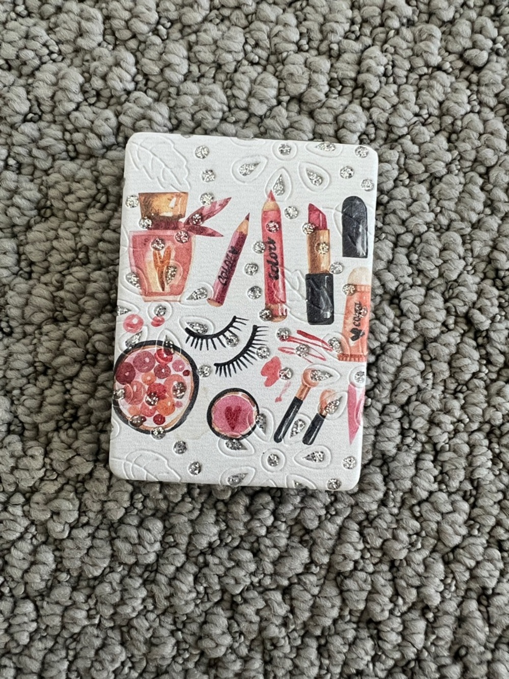 Mini White Compact Mirror with Pink Makeup Motif